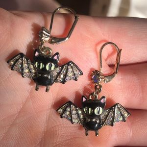 Betsey Johnson Iridescent Rhinestone + Enamel Bat Earrings